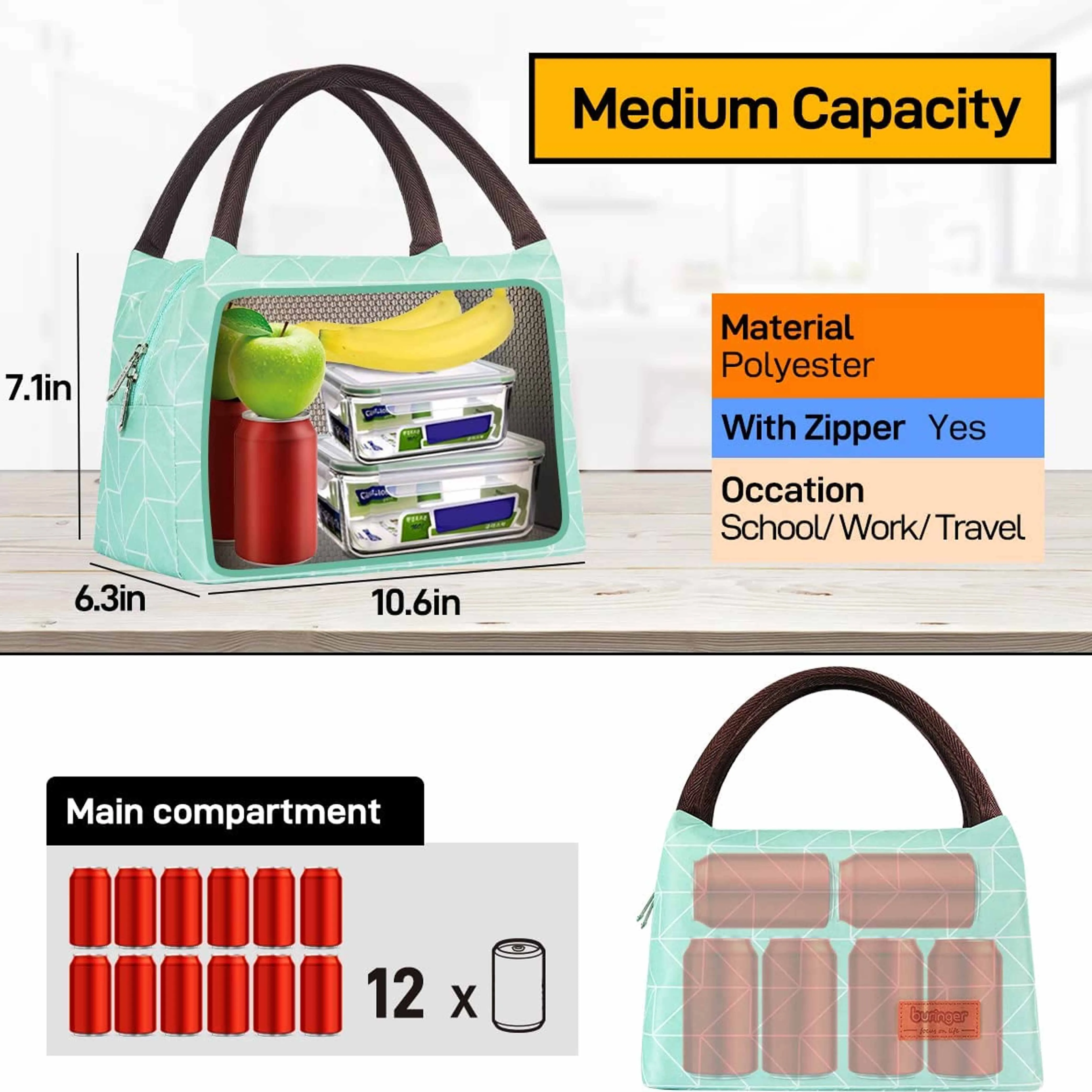 2 Buringer Reusable Insulated Lunch Bag Cooler Tote Box Meal Prep Work Picnic