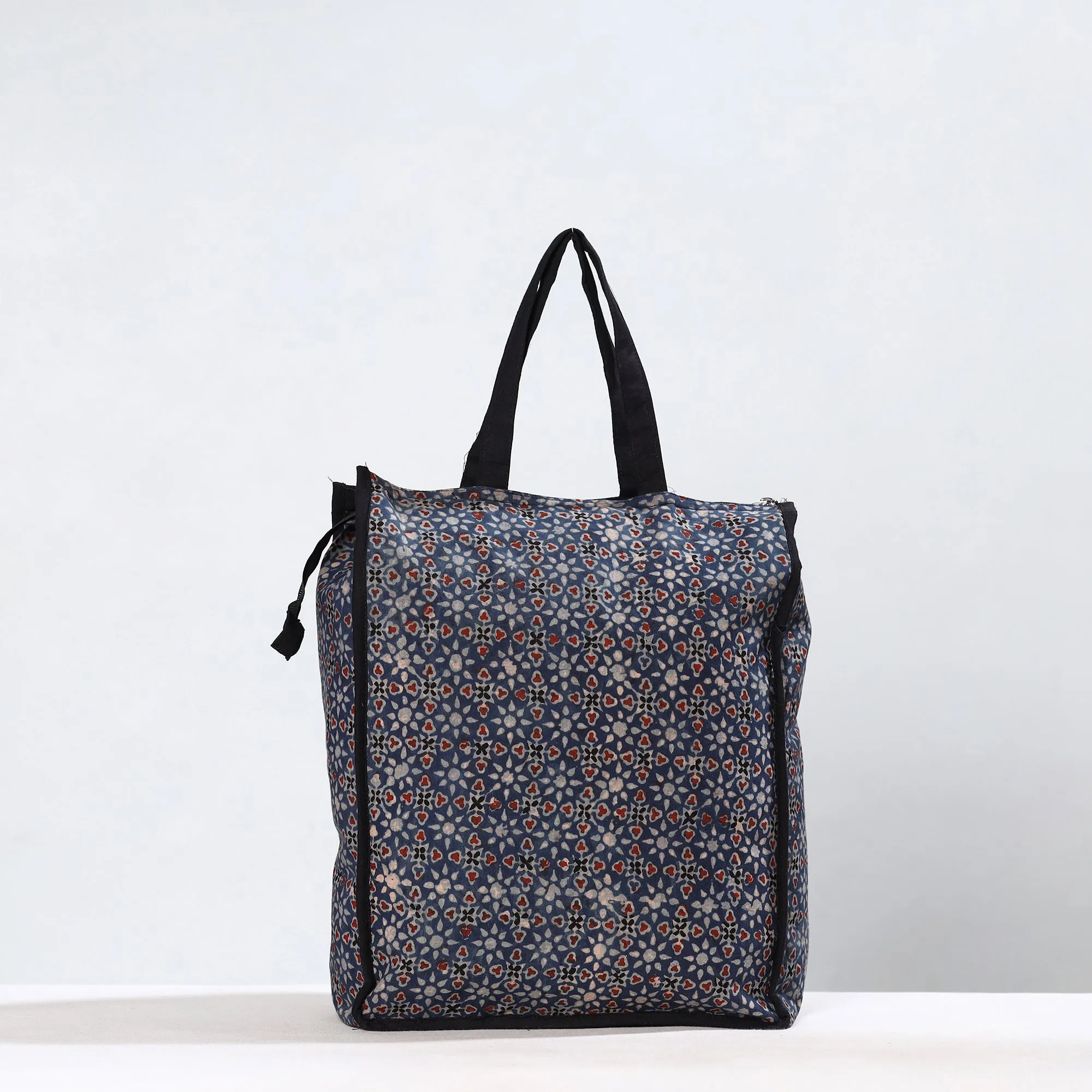 Black - Handmade Ajrakh Block Printed Cotton Shopping Bag 01