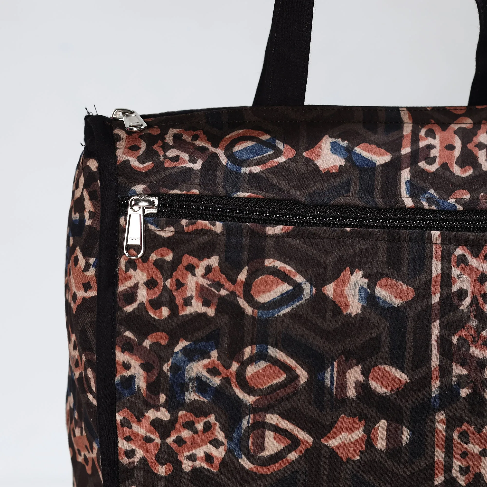 Black - Handmade Bagru Block Printed Cotton Shopping Bag 21