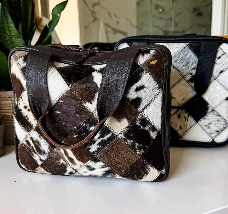 Cowhide and Leather Travel Toiletry Bag with Hook