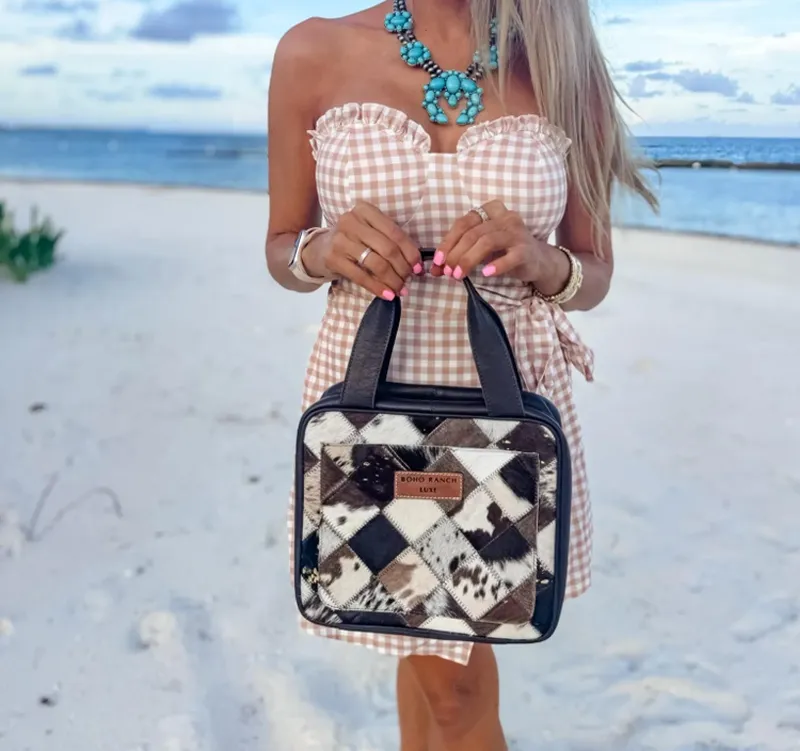 Cowhide and Leather Travel Toiletry Bag with Hook