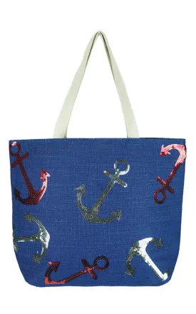MB0030 Blue Sequin Anchor Tote Beach Bag